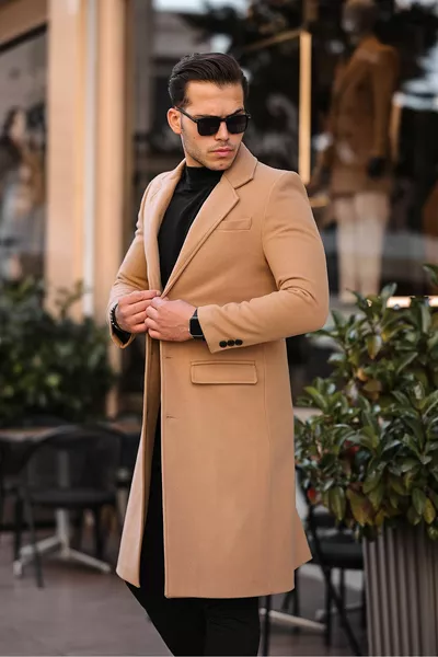 Heren Slim-Fit Lange Wollige Jas