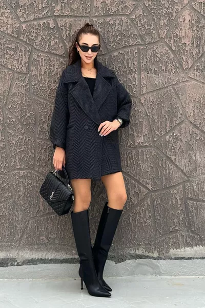 Manteau en cachemire femme motif chevrons anthracite