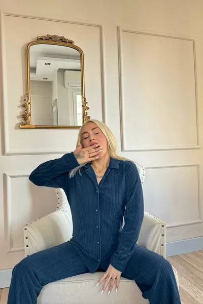 Petroleum Green Flat Front Button Plush Fleece Pajama Set