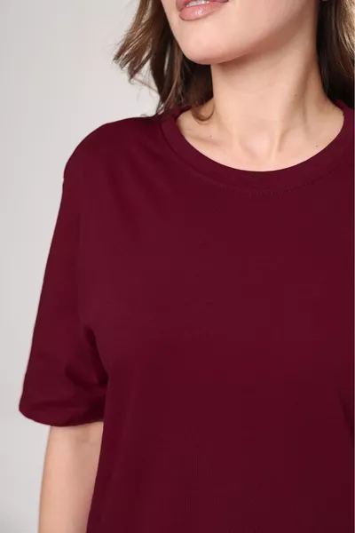 Super Qualität Damen % Baumwolle Bordo Rundhals Oversize Boyfriend T-Shirt