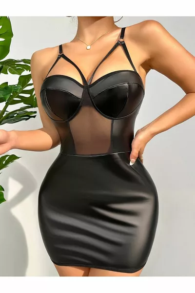 Black Leather and Tulle Sexy Mini Dress with Piping Detail