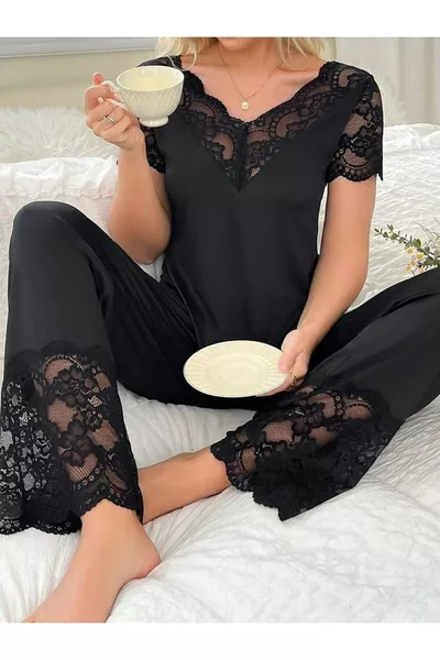 Women's short-sleeve black lace pajama set