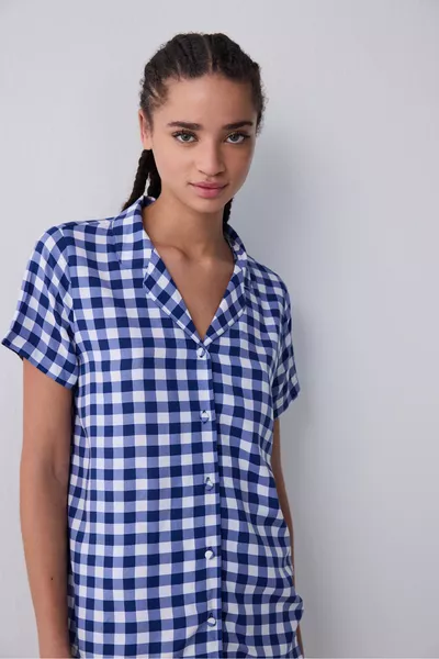 Blue Gingham Shirt and Shorts Navy Pajama Set