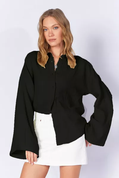 قميص نسائي أسود بأكمام فضفاضة، قماش موسلين مغسول، مقاس واسع ومريح، أساسي | 