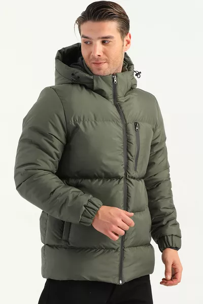 معطف رجالي مبطن سميك مبطن للشتاء مع غطاء رأس بلون زيتي