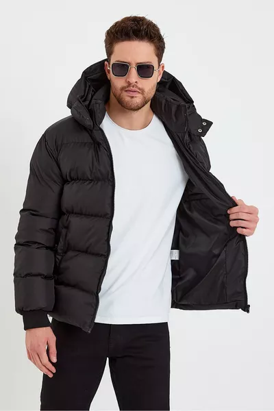 Herren Schwarze Wasser- und Winddichte Kapuzen-Wintersteppjacke & Mantel & Parka - 