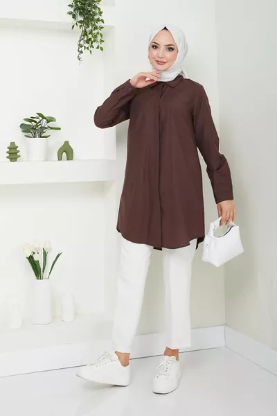 Women's Brown Terikoton Hidden Button Boyfriend Modest Shirt