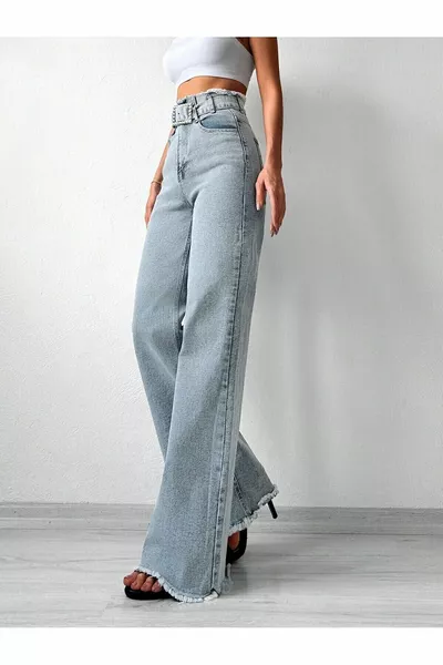 Damen High-Waist Gürtel, Fransen am Bund und am Bein, Blau Snow Wash Palazzo Jeans