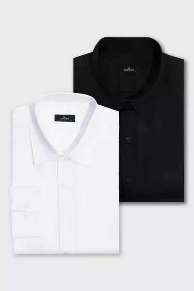 قميص رجالي بأكمام طويلة، حزمة مزدوجة، أسود وأبيض، قصّة نحيفة، سهل الكي، يمتص العرق، قماش قابل للتنفس، مناسب لأربعة فصول