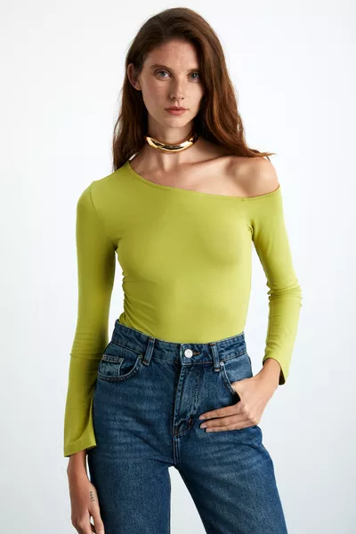 Waleska Women's Viscose Stretch Boat Neck One Shoulder Green Blouse