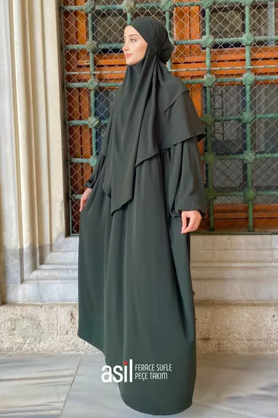 Елегантен комплект с наметка, шифонова перде и шал в цвят каки (ТРИЧАСТЕН КОМПЛЕКТ)