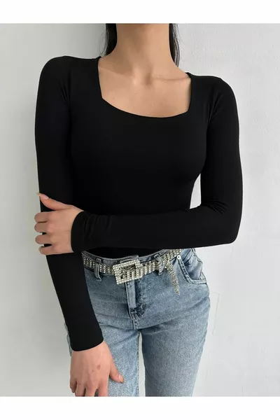 Дамска блуза с квадратна яка, дълъг ръкав, двуслойна предна част, тънка, основна 