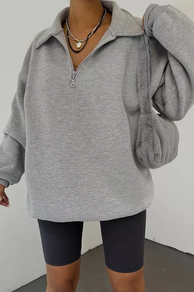 سويت شيرت نسائي بولو رمادي بأكمام واسعة وثلاث طبقات مبطنة