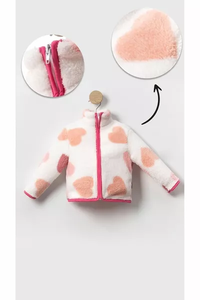 Warm in Winter! Girls' Large Plush Cardigan - Heart Pattern Zippered Kids' Jacket Models