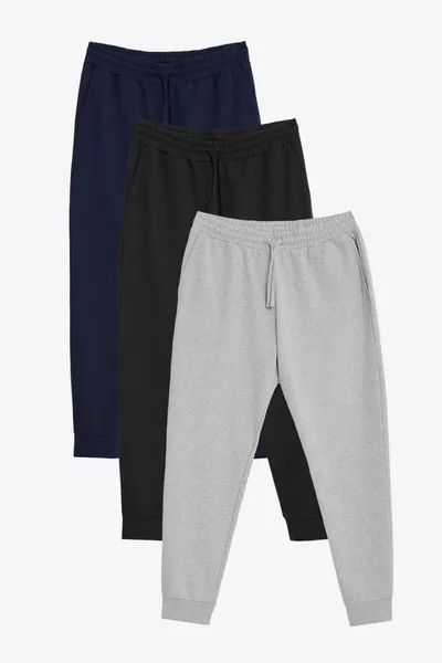 سروال رياضي رجالي بكبسات من القطن بثلاث ألوان: أسود-كحلي-رمادي، حافة بجيب، مريح وقصّة عادية، مجموعة من 3 قطع