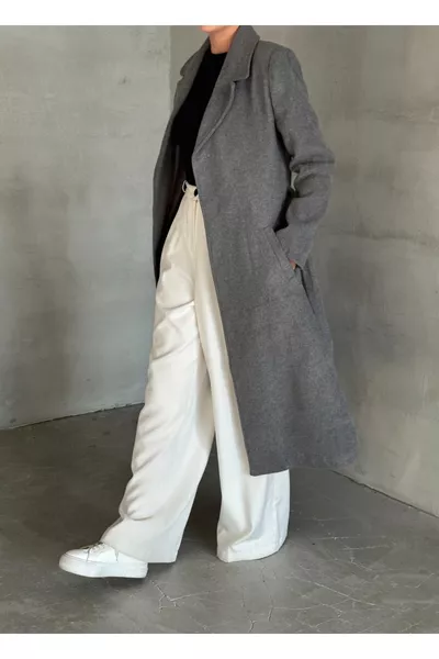 Koyu Gri Kuşaklı Içi Astarlı Cep Detaylı Kaşe Kaban