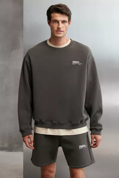 Ernest Мъжки суитшърт в сив цвят с мек плат, свободна кройка и кръгло деколте с принт