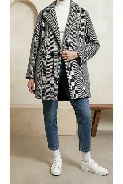 معطف صوف بجودة مميزة للنساء بنقشة عظم السمكة الرمادية