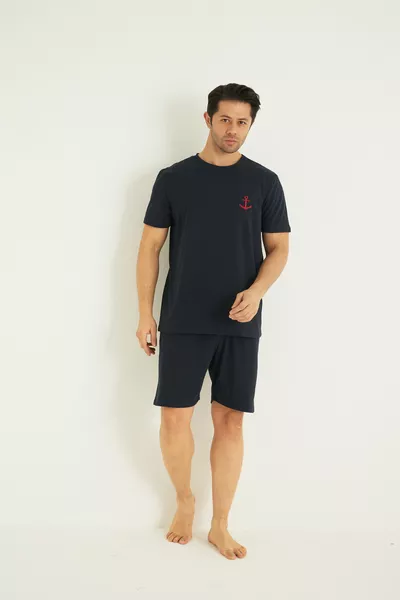 شورت-بيجامة رجالي كحلي غامق بأكمام قصيرة مطرز من القماش المحبوك 