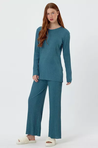 Women's Seasonal Long Sleeve Corduroy Petroleum Green Pajama Set