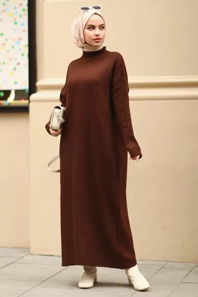 Ravza Roving Gedetailleerde Lange Gebreide Hijab Jurk