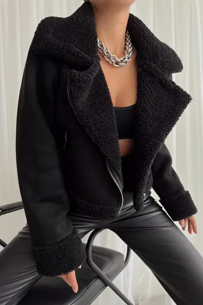 Меховой воротник замшевая байкерская куртка черная