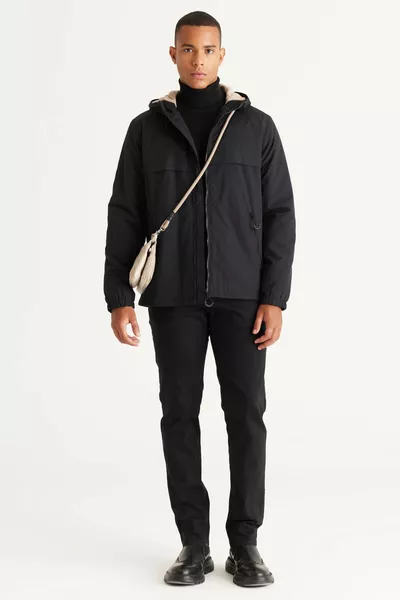 الرجال أسود قياسي صالح عادي صالح مقنعين معطف جيب جانبي