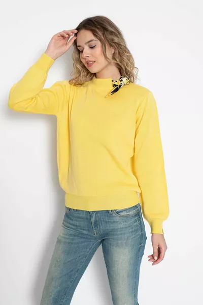 Vrouwen Tie-up kraag gebreide trui, gebreide trui, vrouwen trui, gele trui