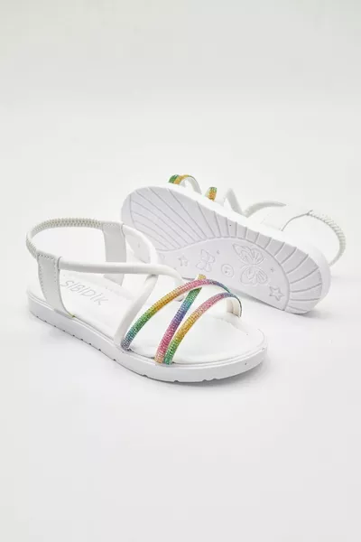 Kız Çocuk Ortapedik Taban  Yazlık Taşlı Örgülü Lastikli Renkli Sandalet - Renkli