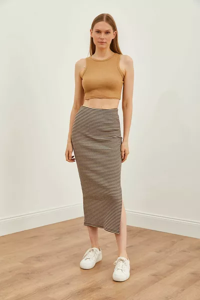 Women's Stone Brown Slit Striped Lycra Midi Skirt 
