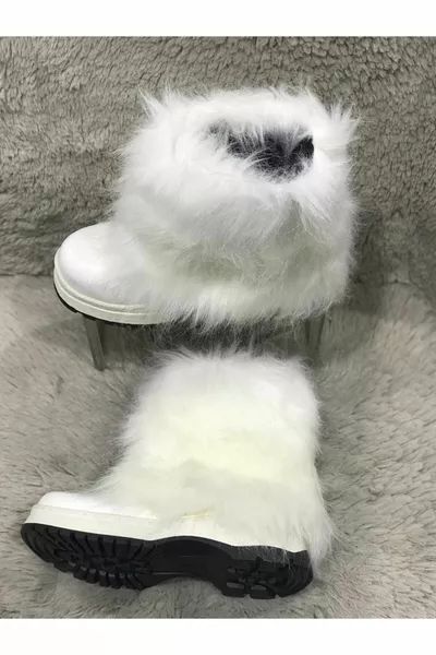 Kinderlaarzen met wit buitenmateriaal, leer, leer en bont, accessoires zonder veters en ritsen