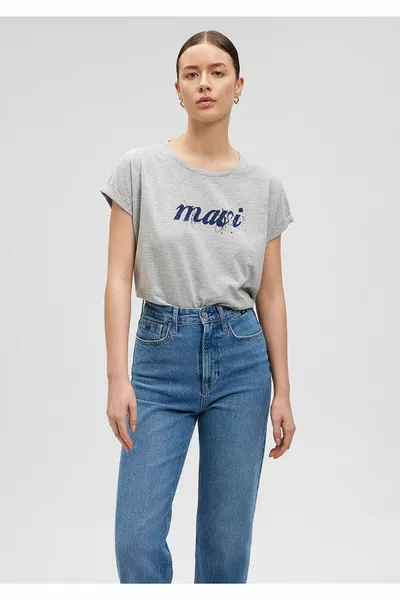 Сива тениска с лого с щампа Свободна кройка / Свободна ежедневна кройка 