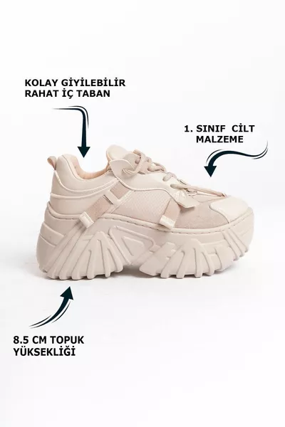 Cream Skin Lace-Up High Sole Casual Women's Sneaker Sneakers