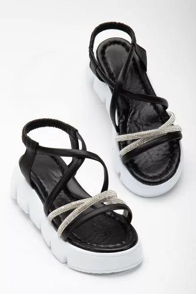 أحذية صندل بنات مطاطية بأحجار متقاطعة ، صنادل بنعل عالي