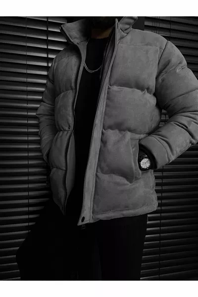 Мужское пальто из нубука с подкладкой темно-серого цвета