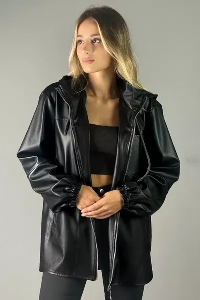 Schwarze lange Lederjacke mit Kapuze für Damen