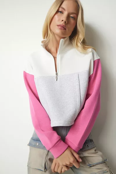 Women's Grey Pink Zippered Collar Knitted Crop Sweatshirt 