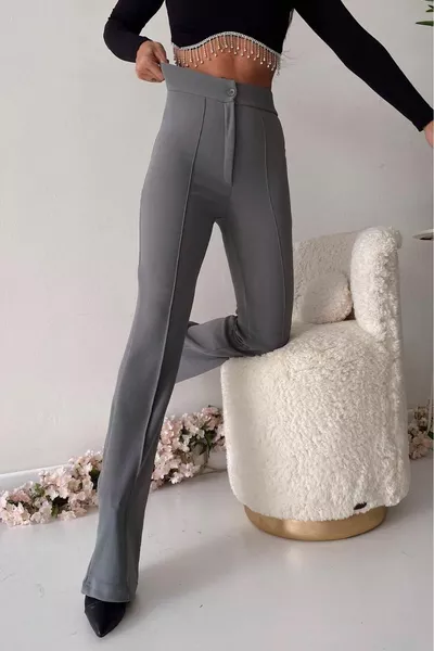 Dames Antraciet Crêpe Stof Lycra Spaanse Leg Palazzo Broek met Chimac aan de voorkant