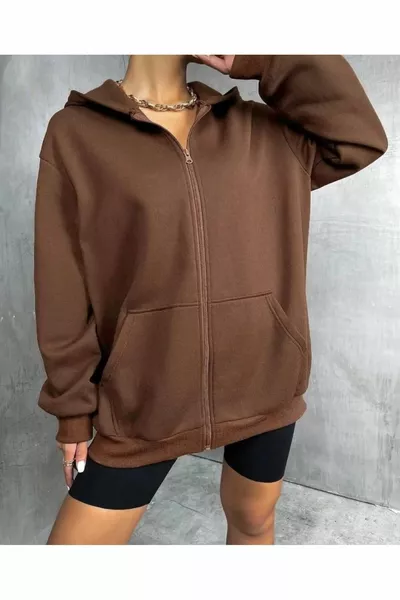 Дамско кафяво зимно яке с цип