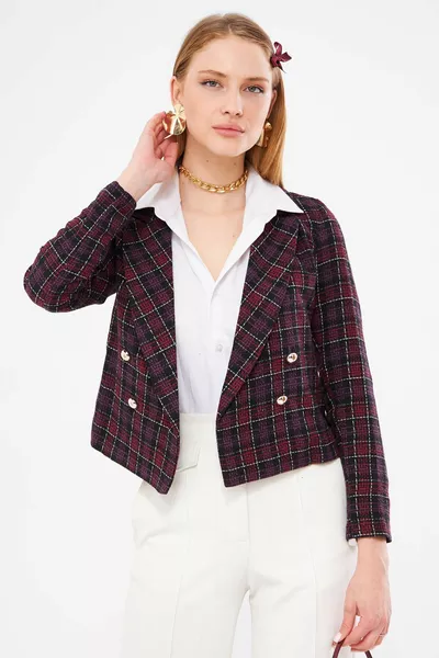 Pflaumenfarbene zweireihige Tweed-Crop-Jacke mit Kragen für Damen