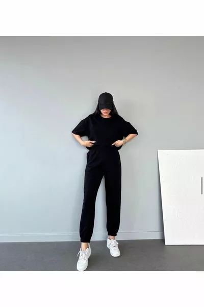 Базовая футболка Спортивные штаны Джоггер - черный Плоский низ Спортивный костюм оверсайз Круглый вырез