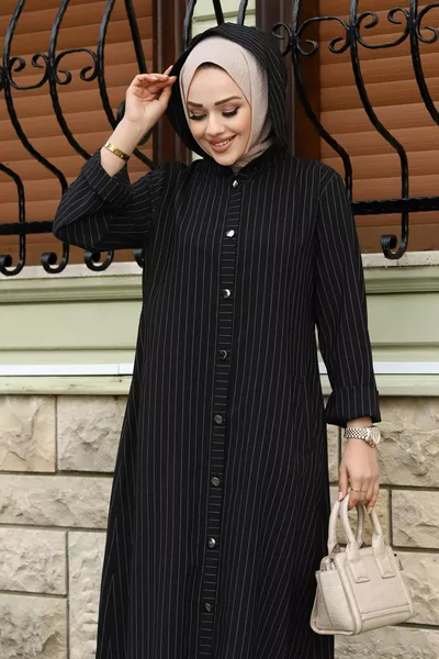 Ahsen Kappe mit durchgehender Knopfleiste  Schwarz