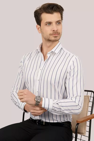 White Navy Blue Striped Slimfit Gift Boxed Shirt