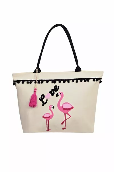 قماش Ecru فلامنغو مطرزة جيب بسحاب تصميم حقيبة الشاطئ
