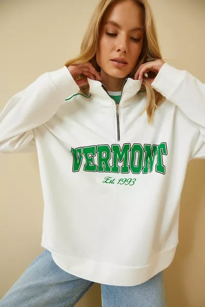 Sweat-shirt de saison imprimé col zippé blanc pour femme 
