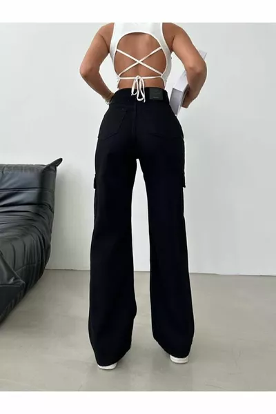 Nero Colorfast Pantaloni Cargo A Sei Tasche Vita Alta Gamba Larga