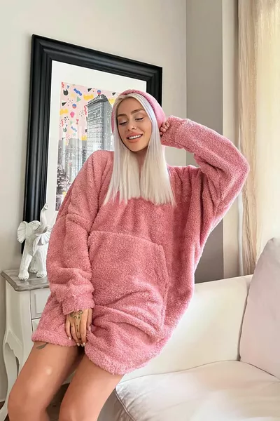 Pink Hooded Full Plush Oversize Sweat Poncho Pajamas