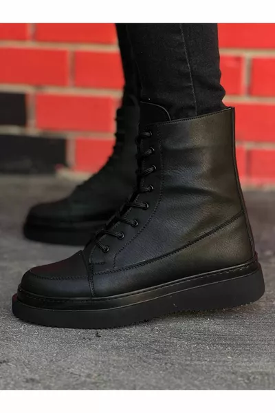 Black Skin Black Sole High Sole Lace-Up Postal Boots