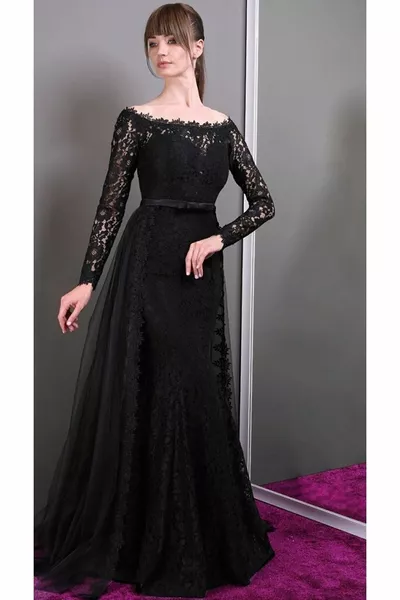 Lungo Pizzo Stretto Fit Abito Da Sposa Abito Da Sera Nero 