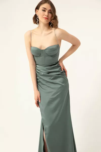 المرأة الفيروز حزام الحجر شق طويل الساتان مساء اللباس